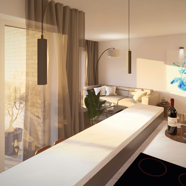 Visualisierung einer K&uuml;che mit Blick auf das Wasser im Quartier &Ouml;lkante 22