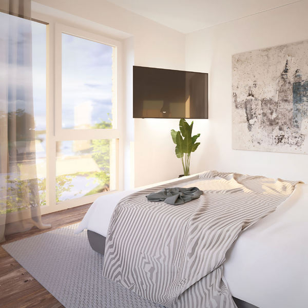 Visualisierung eines Schlafzimmers in einer Wohnung im Quartier &Ouml;lkante 22