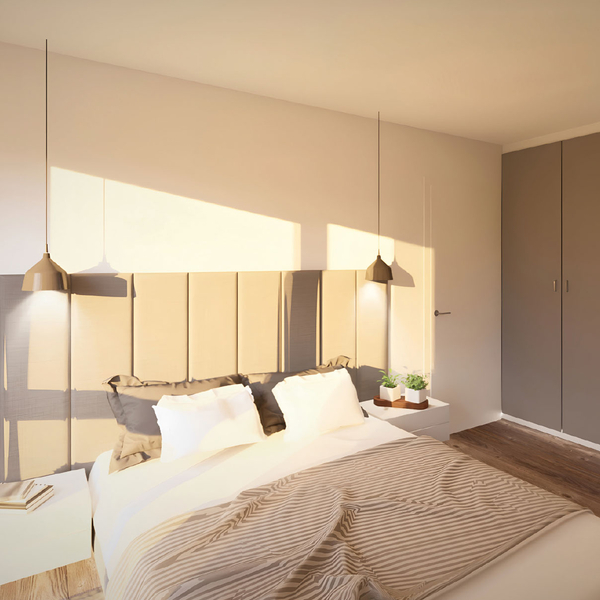 Visualisierung eines Schlafzimmers mit Doppelbett im Quartier &Ouml;lkante 22