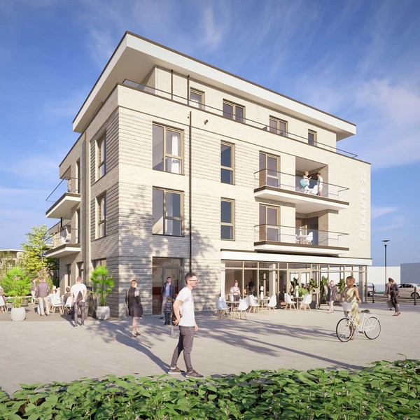 Stra&szlig;enansicht des Quartiers &Ouml;lkante 22 mit Bewohnern und Bepflanzung