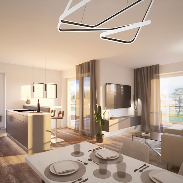 Visualisierung eines Essbereichs mit gro&szlig;em Fenster im Quartier &Ouml;lkante 22