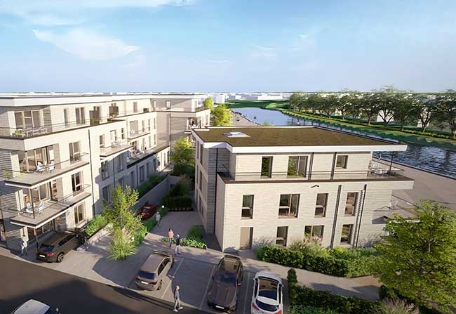 Visualisierung des Innenhofs mit Wohngeb&auml;uden im Quartier &Ouml;lkante 22